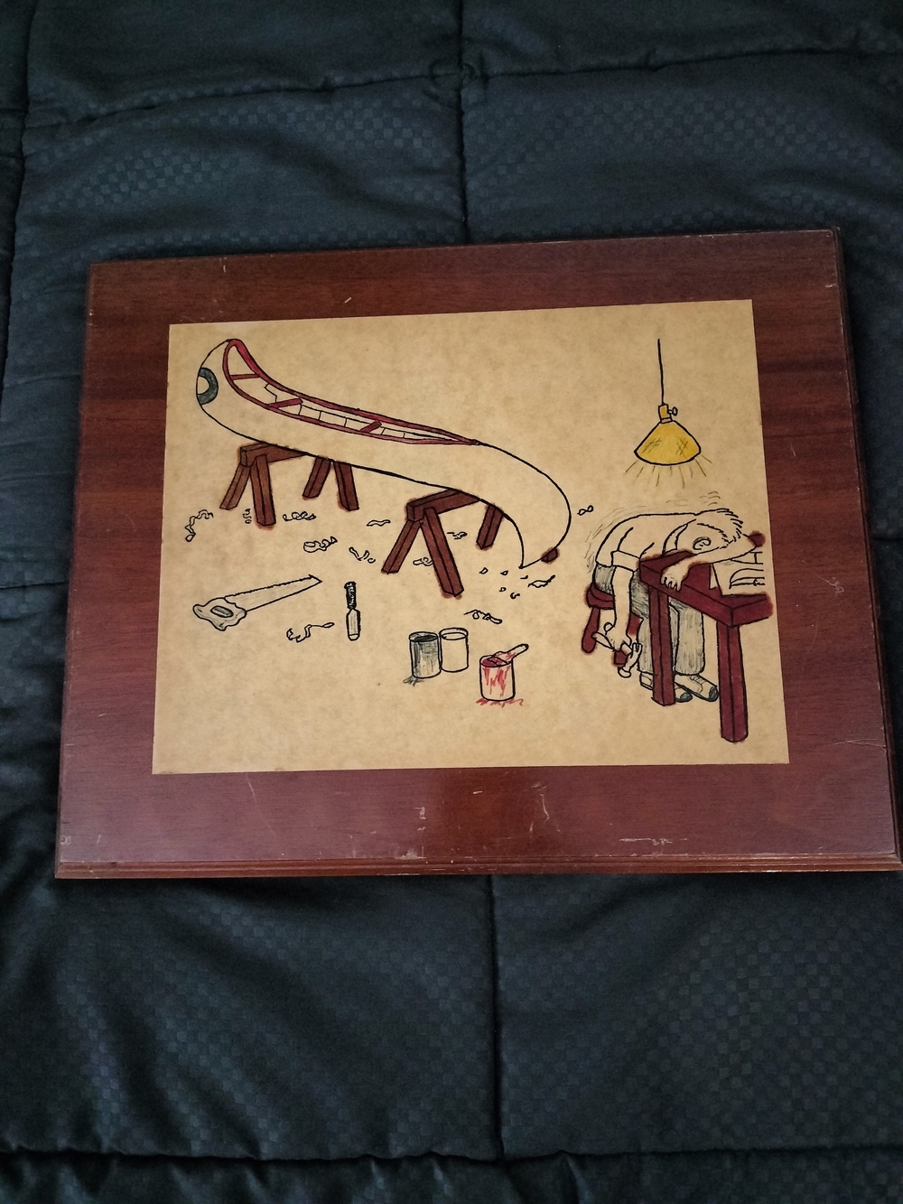 Wood Art Print with Canoe Workshop Illustration - Brown